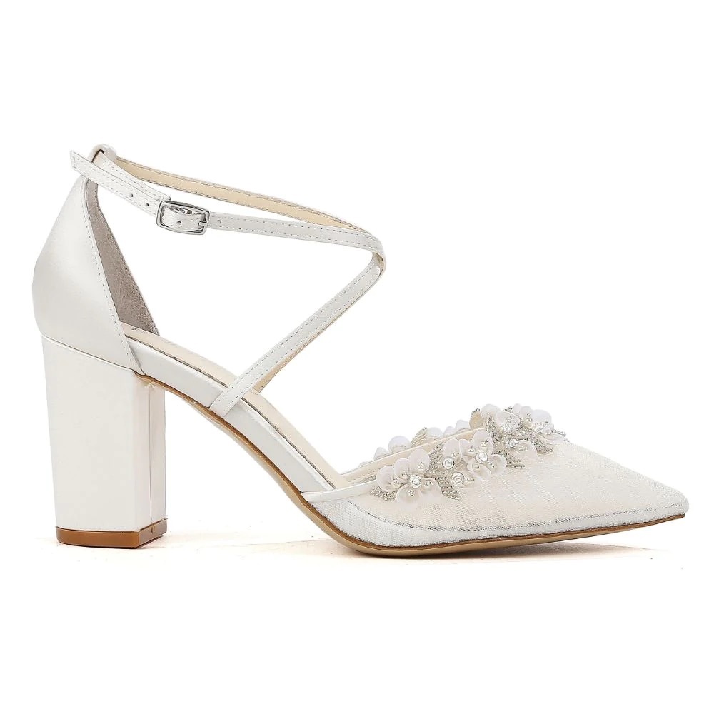 Size 8.5 Bella Belle Heidi Pleated Tulle Floral Block Heel Pumps